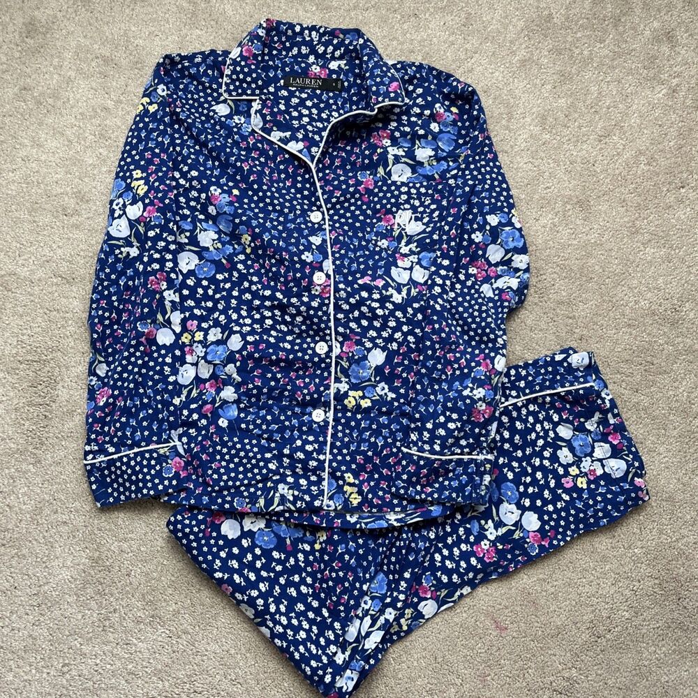 Ralph Lauren Pajama Set Womens Small Blue Floral Button Up Shirt Pants Feminine